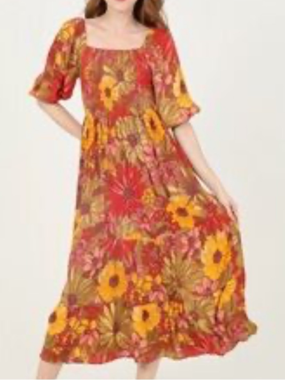 Angie fall boho Floral Square-Neck Midi Dress with Yellow Blooms